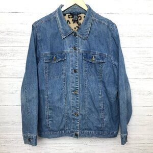 Denim & Co. Women's Jean Jacket Leopard Fleece Lined Button Front Large
